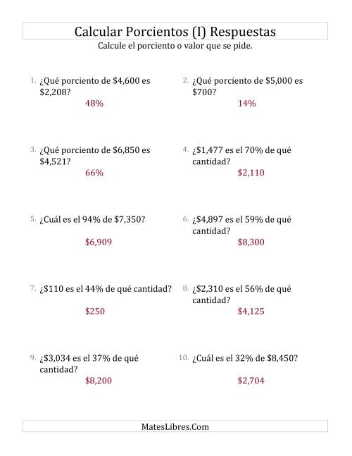 La hoja de ejercicios de Cálculos Mixtos de Porcientos con Dinero (Enteros, Incrementos entre 1% y 99%) (I) Página 2