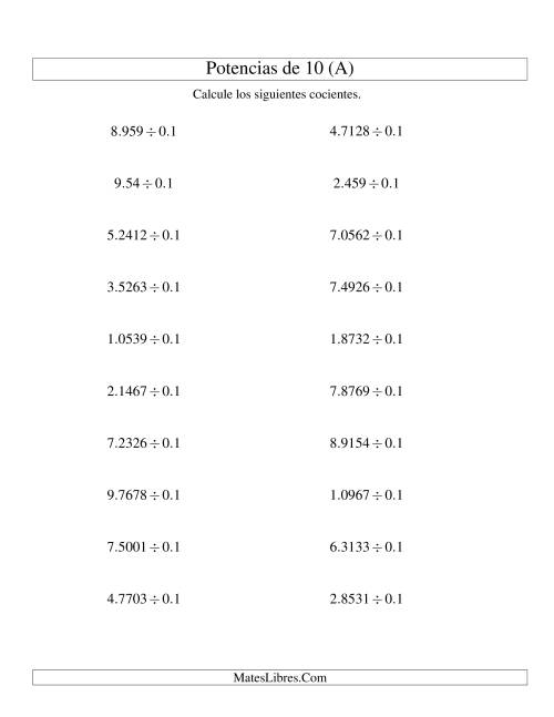La hoja de ejercicios de Dividir Decimales por Potencias Negativas de 10 (Estándar) (A)