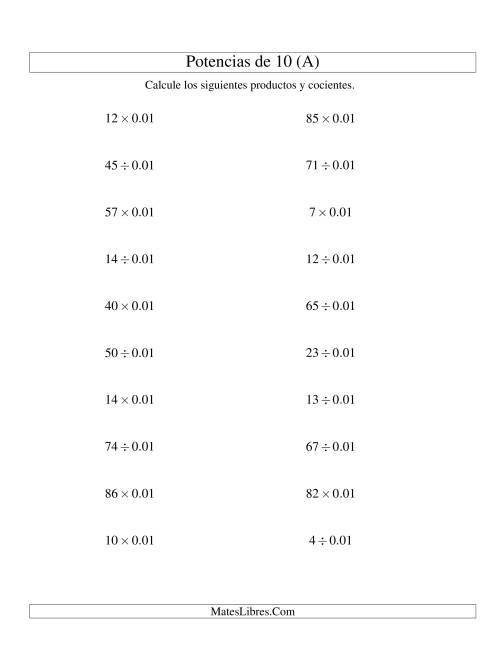 La hoja de ejercicios de Multiplicar y Dividir Enteros por Potencias Negativas de 10 (Estándar) (A)