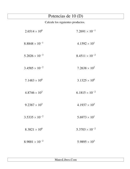 La hoja de ejercicios de Multiplicar Decimales por Potencias Positivas y Negativas de 10 (Exponencial) (D)