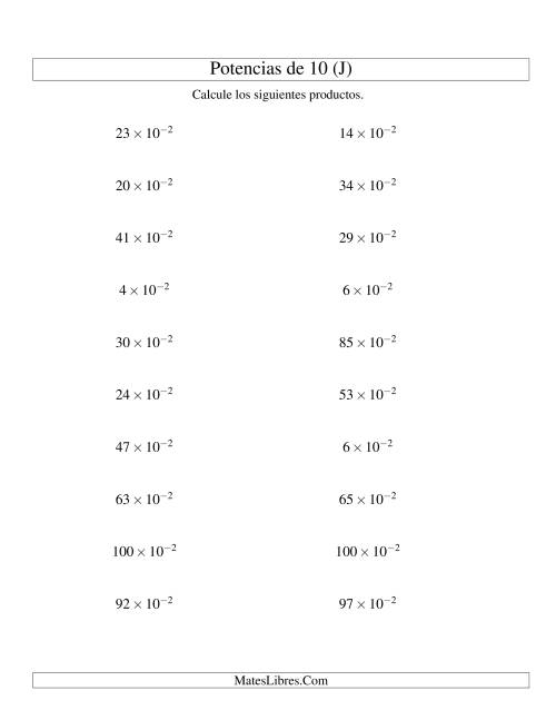 La hoja de ejercicios de Multiplicar Enteros por Potencias Negativas de 10 (Exponencial) (J)