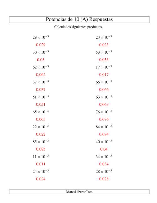 La hoja de ejercicios de Multiplicar Enteros por Potencias Negativas de 10 (Exponencial) (Todas) Página 2
