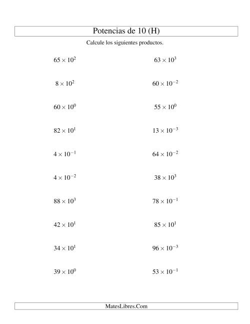 La hoja de ejercicios de Multiplicar Enteros por Potencias Positivas y Negativas de 10 (Exponencial) (H)