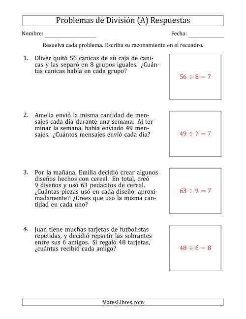 La hoja de ejercicios de Problemas de División con Números entre 5 y 12 (A) Página 2