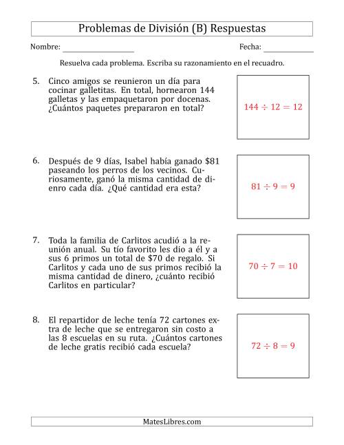 La hoja de ejercicios de Problemas de División con Números entre 5 y 12 (B) Página 2