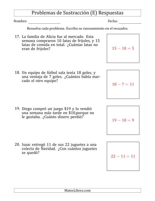La hoja de ejercicios de Problemas de Sustracción con Números entre el 5 y el 12 (E) Página 2