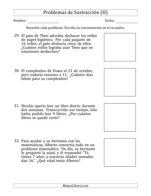 La hoja de ejercicios de Problemas de Sustracción con Números entre el 5 y el 12 (H)