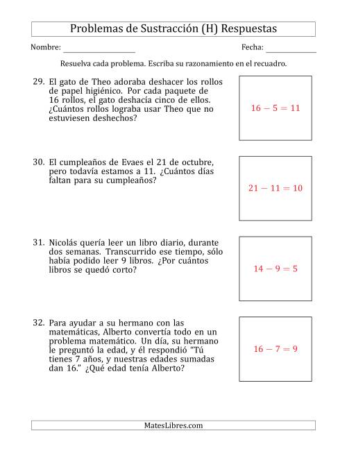 La hoja de ejercicios de Problemas de Sustracción con Números entre el 5 y el 12 (H) Página 2