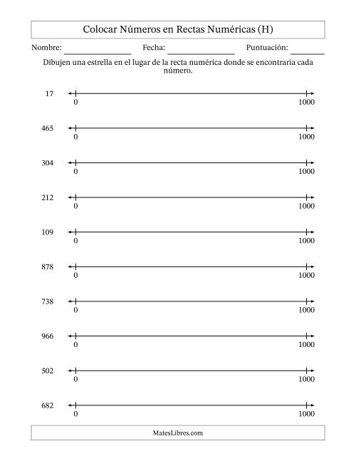 La hoja de ejercicios de Colocar Números en Rectas Numéricas desde Cero hasta Mil (H)