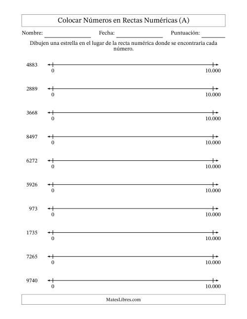 La hoja de ejercicios de Colocar Números en Rectas Numéricas desde Cero hasta Diez Mil (Versión Europea) (A)