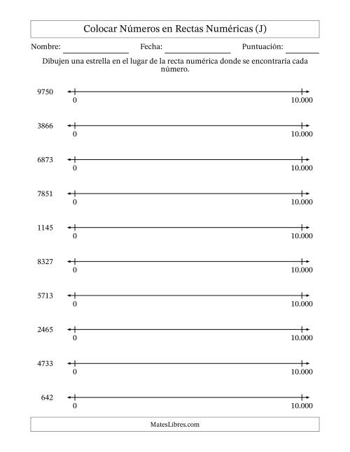 La hoja de ejercicios de Colocar Números en Rectas Numéricas desde Cero hasta Diez Mil (Versión Europea) (J)