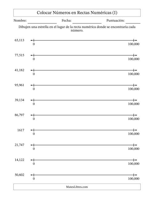La hoja de ejercicios de Colocar Números en Rectas Numéricas desde Cero hasta Cien Mil (I)