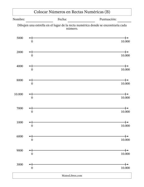 La hoja de ejercicios de Colocar Números Redondeados en Rectas Numéricas desde Cero hasta Diez Mil (Versión Europea) (B)