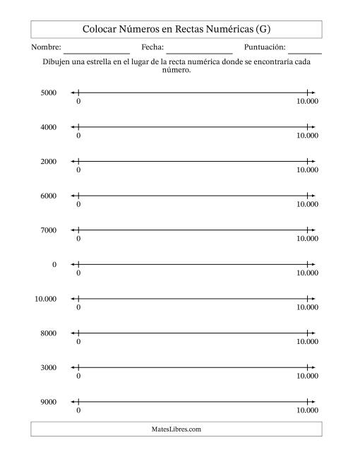 La hoja de ejercicios de Colocar Números Redondeados en Rectas Numéricas desde Cero hasta Diez Mil (Versión Europea) (G)