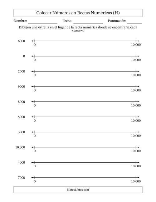 La hoja de ejercicios de Colocar Números Redondeados en Rectas Numéricas desde Cero hasta Diez Mil (Versión Europea) (H)
