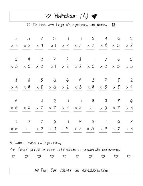 La hoja de ejercicios de Multiplicación de San Valentín (Rango de 1 a 9) (A)