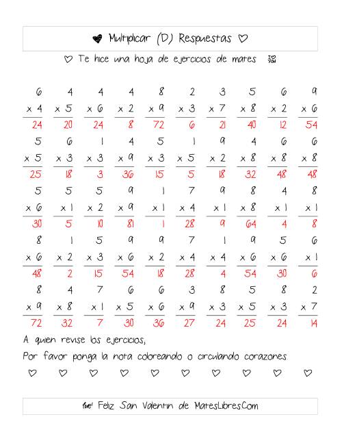 La hoja de ejercicios de Multiplicación de San Valentín (Rango de 1 a 9) (D) Página 2
