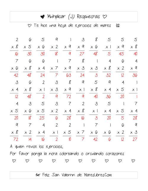 La hoja de ejercicios de Multiplicación de San Valentín (Rango de 1 a 9) (J) Página 2