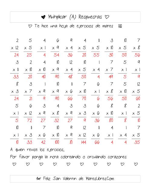 La hoja de ejercicios de Multiplicación de San Valentín (Rango de 1 a 12) (A) Página 2