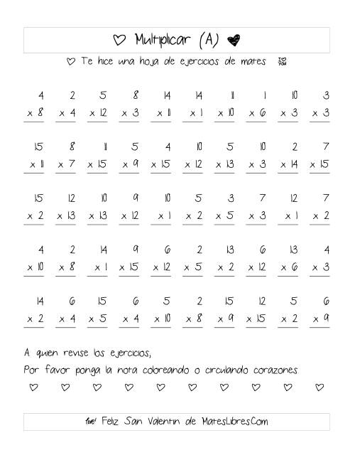 La hoja de ejercicios de Multiplicación de San Valentín (Rango de 1 a 15) (A)