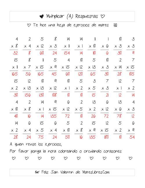 La hoja de ejercicios de Multiplicación de San Valentín (Rango de 1 a 15) (A) Página 2