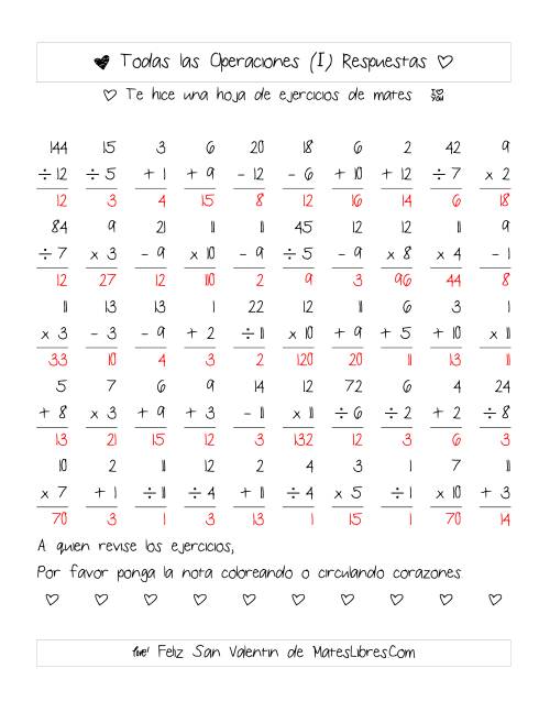 La hoja de ejercicios de Aritmética de San Valentín (Rango de 1 a 12) (I) Página 2