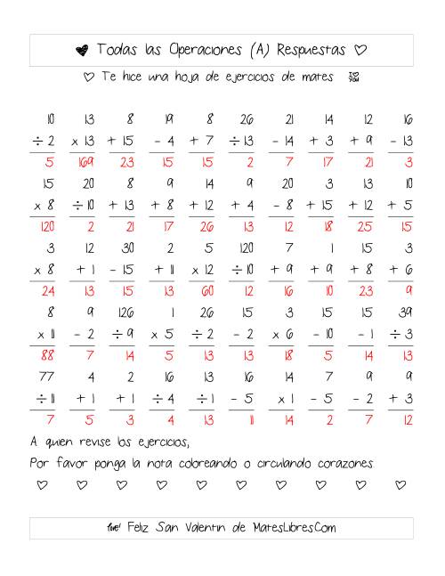 La hoja de ejercicios de Aritmética de San Valentín (Rango de 1 a 15) (A) Página 2