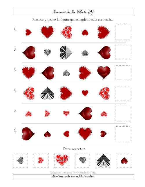 La hoja de ejercicios de Secuencias de Imágenes de San Valentín cambiando los Atributos Forma, Tamaño y Rotación (A)