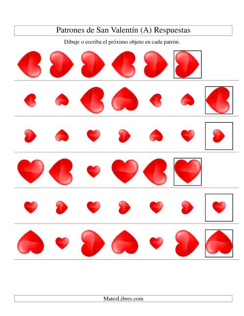 La hoja de ejercicios de Secuencias de San Valentín en Base a Dos Atributos (Tamaño y Rotación) -- Corazón (A) Página 2