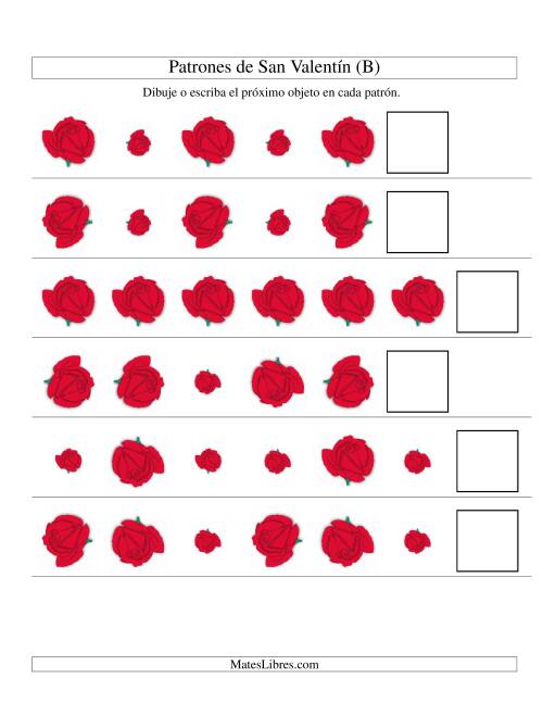 La hoja de ejercicios de Secuencias de San Valentín en Base a Dos Atributos (Tamaño y Rotación) -- Rosa (B)
