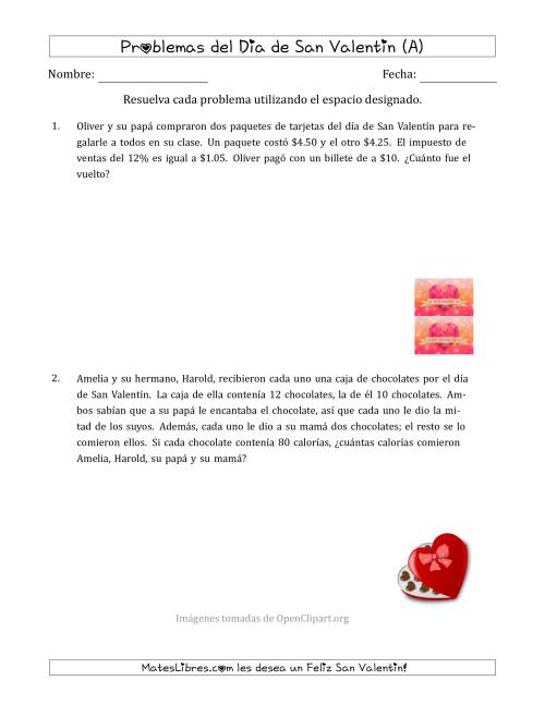 La hoja de ejercicios de Problemas de Matemáticas del Día de San Valentín (Varios Pasos) (A)