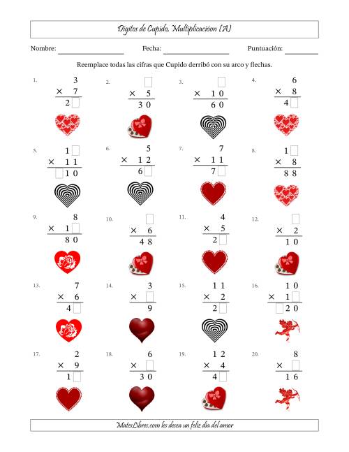 La hoja de ejercicios de Dígitos perdidos de Cupido, Multiplicacióon (Versión Fácil) (A)