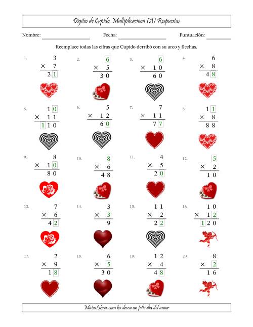 La hoja de ejercicios de Dígitos perdidos de Cupido, Multiplicacióon (Versión Fácil) (A) Página 2