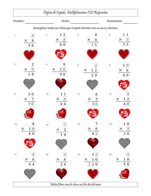 La hoja de ejercicios de Dígitos perdidos de Cupido, Multiplicacióon (Versión Fácil) (H) Página 2