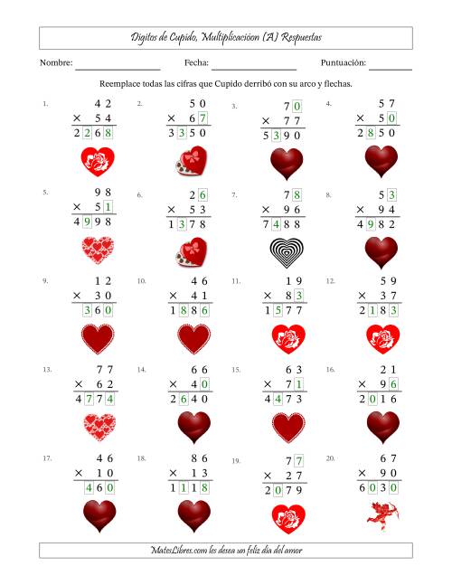 La hoja de ejercicios de Dígitos perdidos de Cupido, Multiplicacióon (Versión Difícil) (A) Página 2