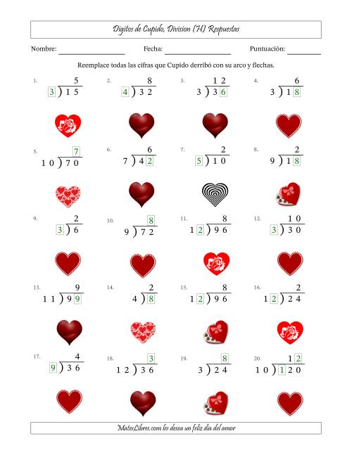La hoja de ejercicios de Dígitos perdidos de Cupido, Division (Versión Fácil) (H) Página 2