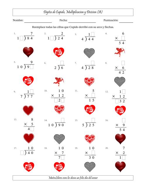 La hoja de ejercicios de Dígitos perdidos de Cupido, Multiplicacion y Division (Versión Fácil) (A)