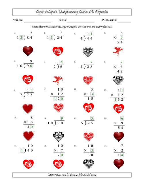 La hoja de ejercicios de Dígitos perdidos de Cupido, Multiplicacion y Division (Versión Fácil) (A) Página 2