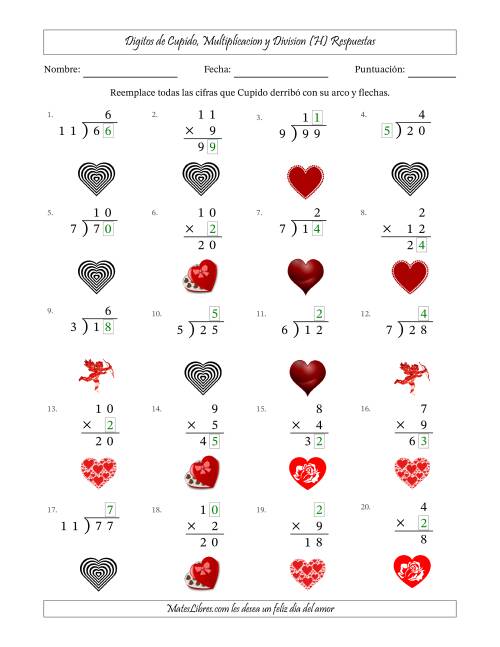 La hoja de ejercicios de Dígitos perdidos de Cupido, Multiplicacion y Division (Versión Fácil) (H) Página 2