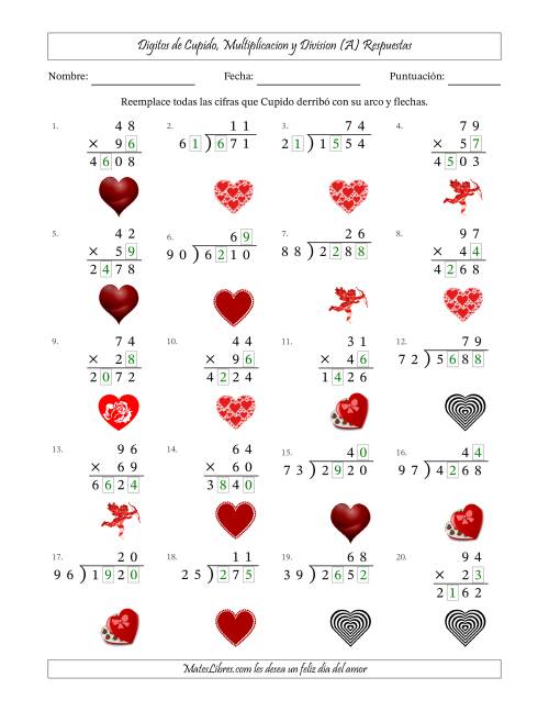 La hoja de ejercicios de Dígitos perdidos de Cupido, Multiplicacion y Division (Versión Difícil) (A) Página 2