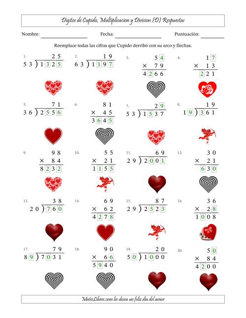 La hoja de ejercicios de Dígitos perdidos de Cupido, Multiplicacion y Division (Versión Difícil) (D) Página 2