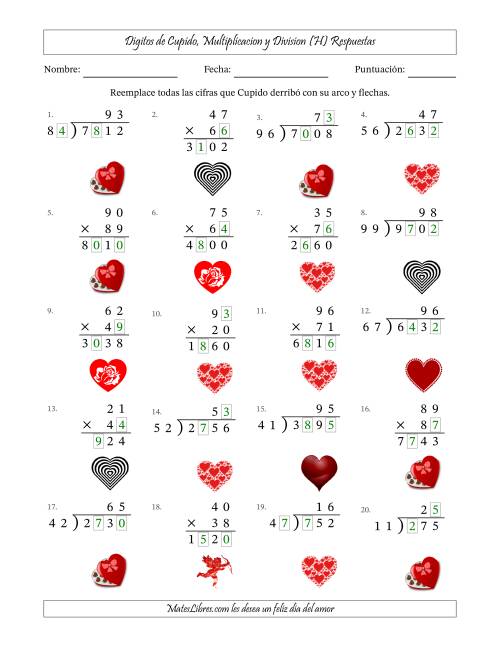 La hoja de ejercicios de Dígitos perdidos de Cupido, Multiplicacion y Division (Versión Difícil) (H) Página 2