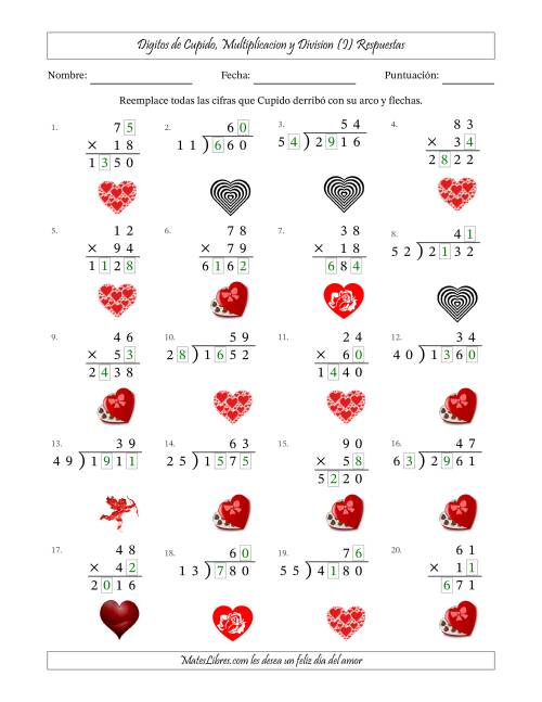 La hoja de ejercicios de Dígitos perdidos de Cupido, Multiplicacion y Division (Versión Difícil) (I) Página 2