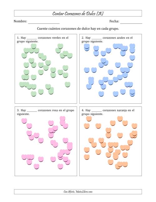 La hoja de ejercicios de Contar Corazones de Dulce en Conjuntos Dispersos (Versión Muy Difícil, Conjuntos Dispersos de 21 a 50 Elementos) (A)