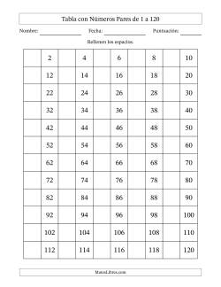 Tabla con Números Pares de 1 a 120