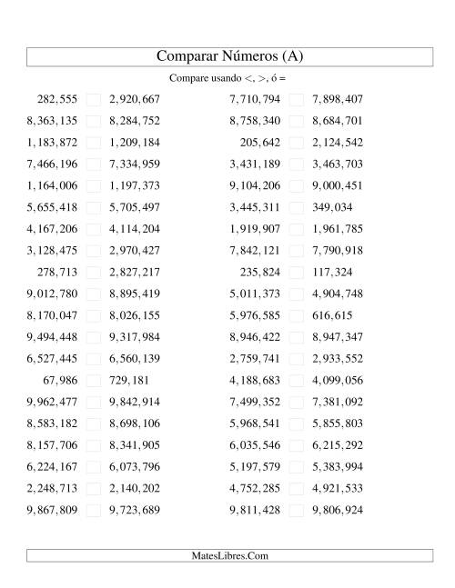 La hoja de ejercicios de Comparar Números Hasta 10000000 (próximos) (A)
