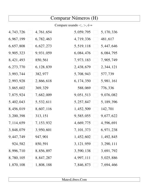 La hoja de ejercicios de Comparar Números Hasta 10000000 (próximos) (H)