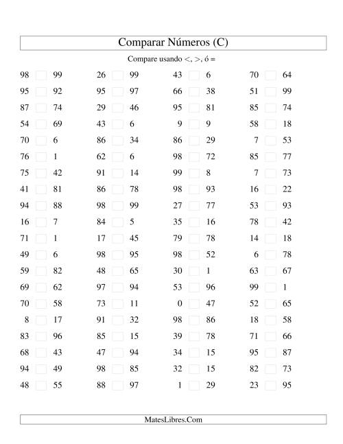 La hoja de ejercicios de Comparar Números Hasta 100 (C)