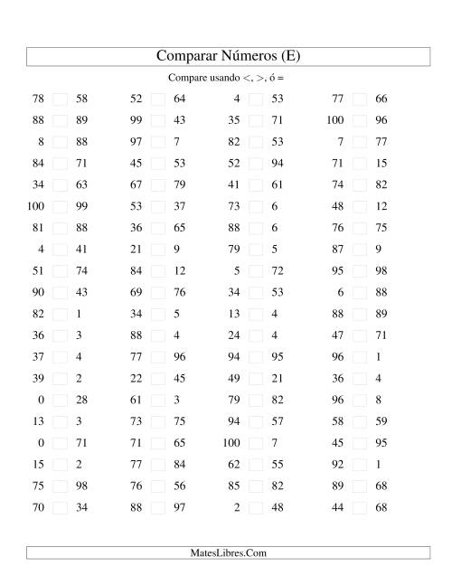 La hoja de ejercicios de Comparar Números Hasta 100 (E)