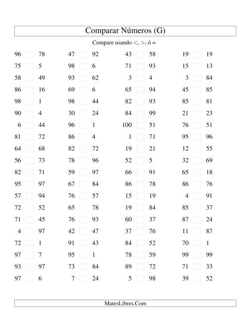 La hoja de ejercicios de Comparar Números Hasta 100 (G)